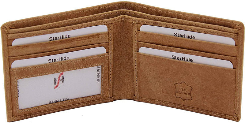 STARHIDE Slim Two Fold Leather and Canvas Wallet for Men 1214 Brown Tan