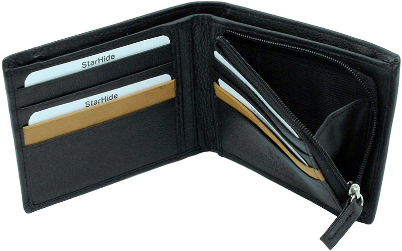 STARHIDE Mens RFID Blocking Soft Nappa Leather Zip Coin Pocket Bifold Wallet 110