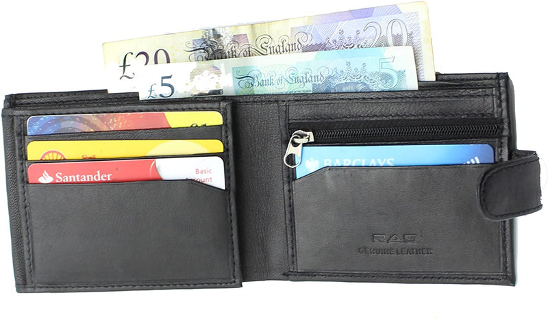 RAS Mens RFID Blocking Soft Smooth Genuine Leather Wallet With A Zipped Coin Pocket and Id Card Window 94 (Black)