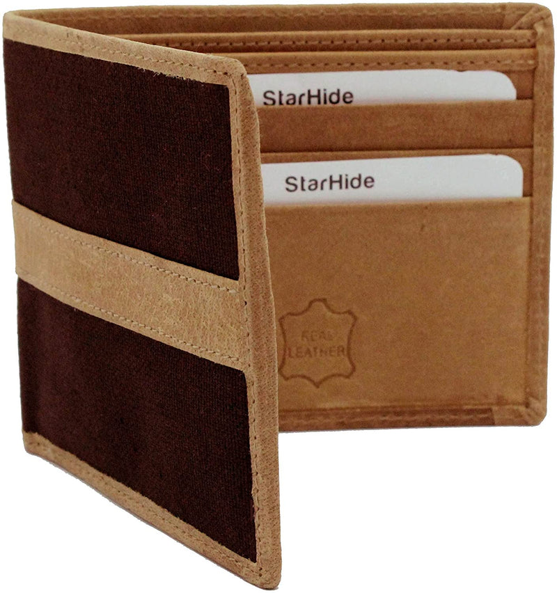 STARHIDE Slim Two Fold Leather and Canvas Wallet for Men 1214 Brown Tan