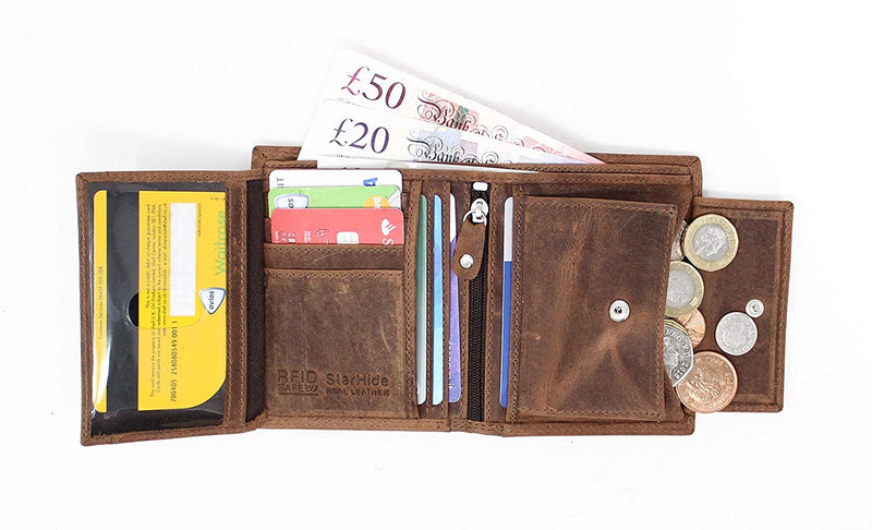 STARHIDE Wallets for Men RFID Blocking Distressed Hunter Leather Notecase Coins Pocket Wallet Id Card Holder 1070 Brown