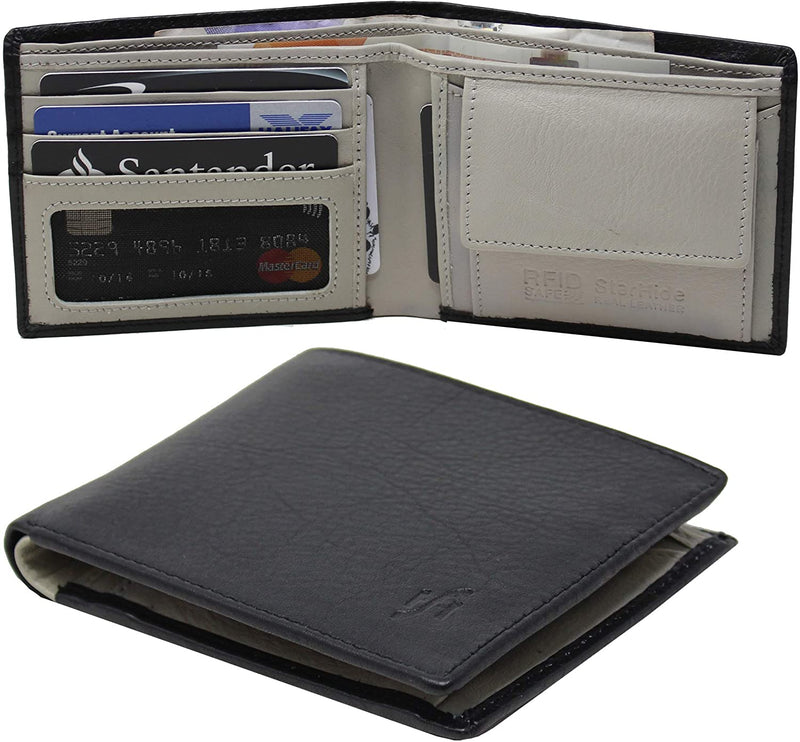 STARHIDE Mens RFID Blocking Small Bifold Leather Wallet for Cards Cash and Coins 1050 Black Grey