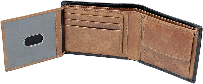 Starhide Mens Leather RFID Blocking Trifold Passcase Wallet Black Tan 1190