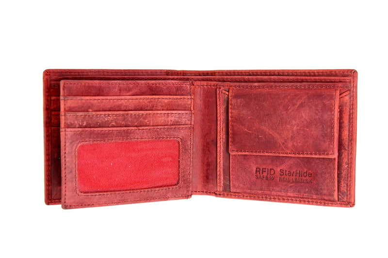 STARHIDE Genuine Distressed Hunter Leather RFID Blocking Coin Pocket Wallet For Men 1055