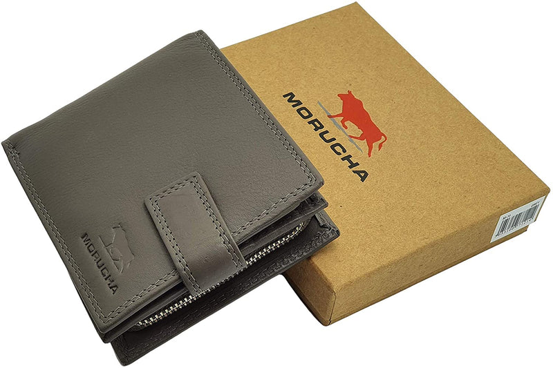 Morucha Mens RFID Blocking Wallets Real Leather Passcase Wallet with A Large Zip Around Coin Pocket M70 (Grey)