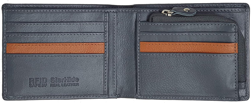 STARHIDE Mens RFID Blocking Soft Nappa Leather Zip Coin Pocket Bifold Wallet 110