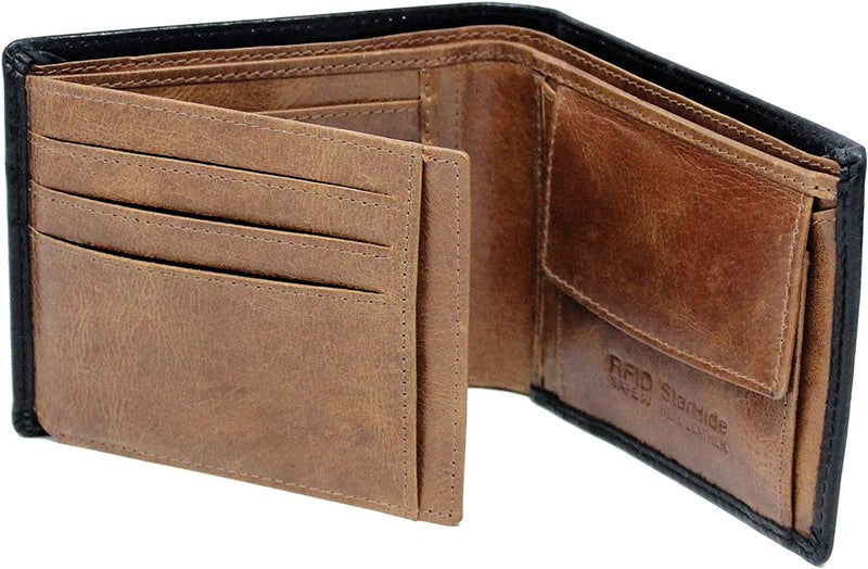 Starhide Mens Leather RFID Blocking Trifold Passcase Wallet Black Tan 1190