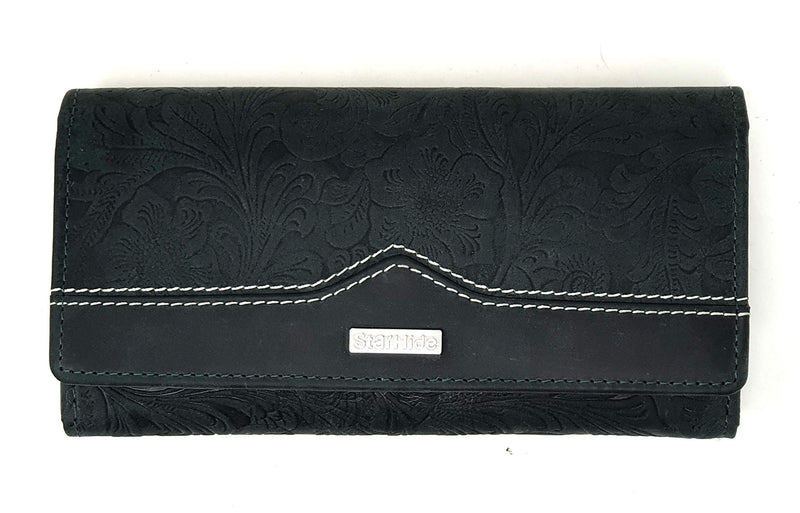 STARHIDE Women Embossed Floral Purse Real Distressed Hunter Leather RFID Blocking Clutch Wallet 5575