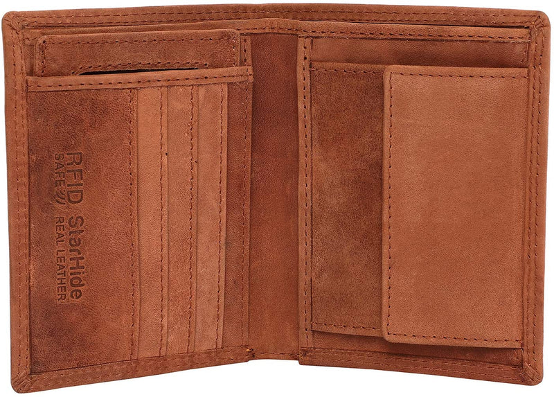 StarHide Mens RFID Blocking Distressed Hunter Leather Bifold Wallet Brown 1090