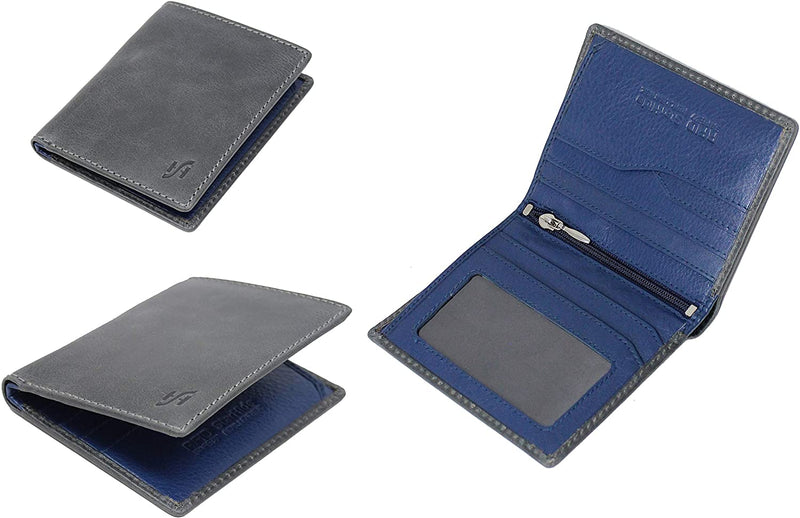 STARHIDE Mens RFID Blocking Soft Genuine Leather Compact Bifold Wallet 1155 (Grey Blue)