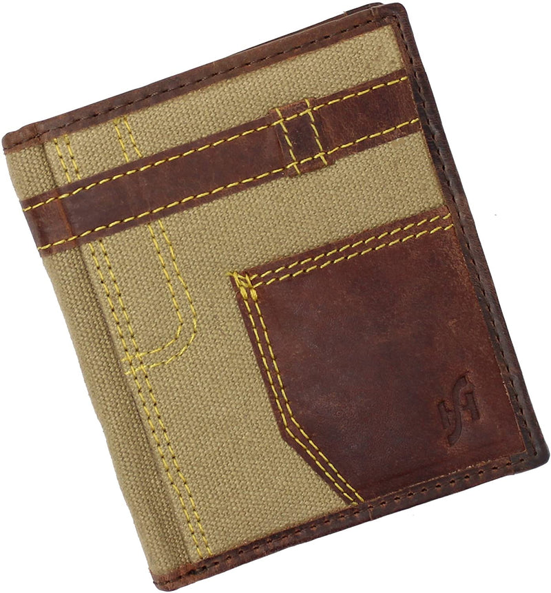 STARHIDE Mens RFID Blocking Unique Canvas With Genuine Distressed Hunter Leather Wallet 610 Brown