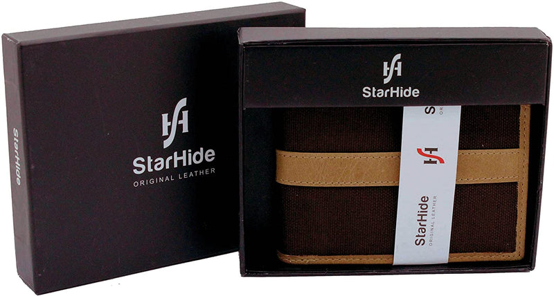 STARHIDE Slim Two Fold Leather and Canvas Wallet for Men 1214 Brown Tan