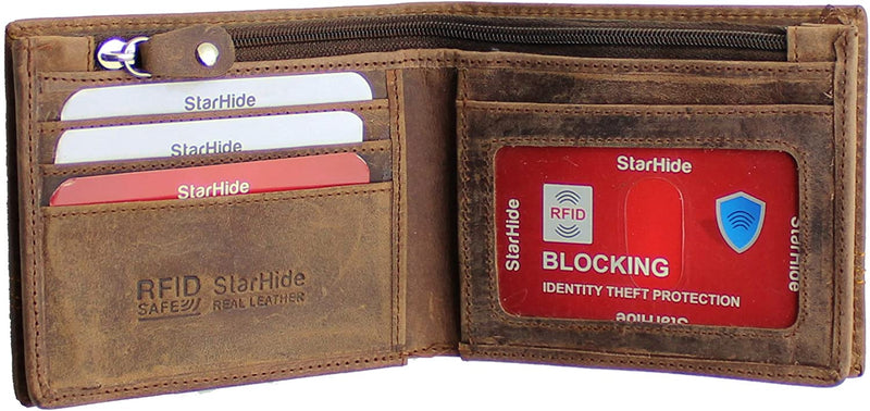 StarHide Mens Essentials Wallet RFID Safe Contactless Security Card Protection Distressed Hunter Leather Billfold Purse 1150