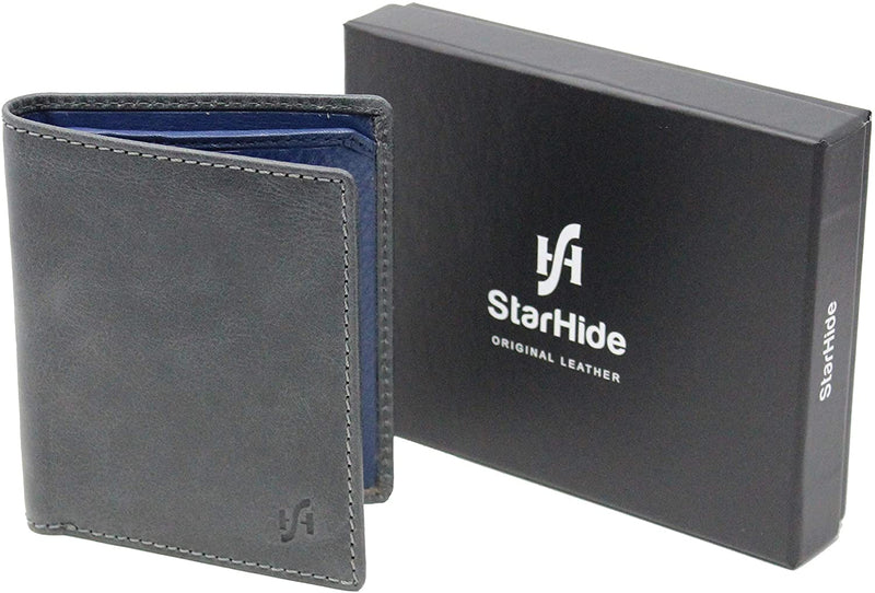 STARHIDE Mens RFID Blocking Soft Genuine Leather Compact Bifold Wallet 1155 (Grey Blue)