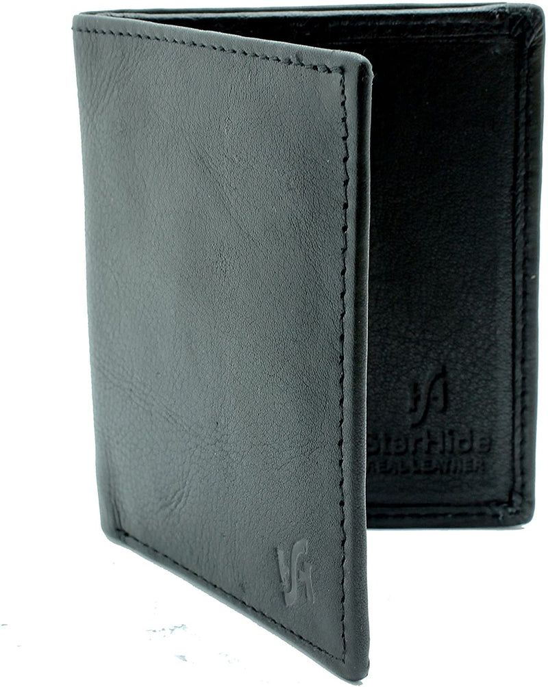 STARHIDE Mens Designer RFID Blocking Slim Two Fold Soft Leather Wallet 205 (Black)