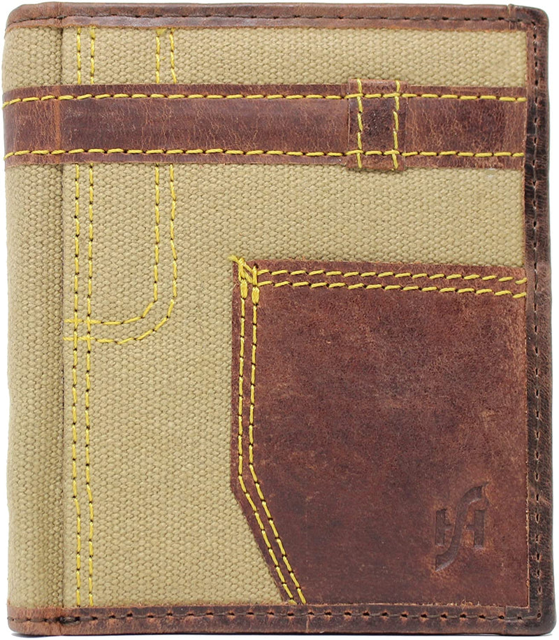 STARHIDE Mens RFID Blocking Unique Canvas With Genuine Distressed Hunter Leather Wallet 610 Brown