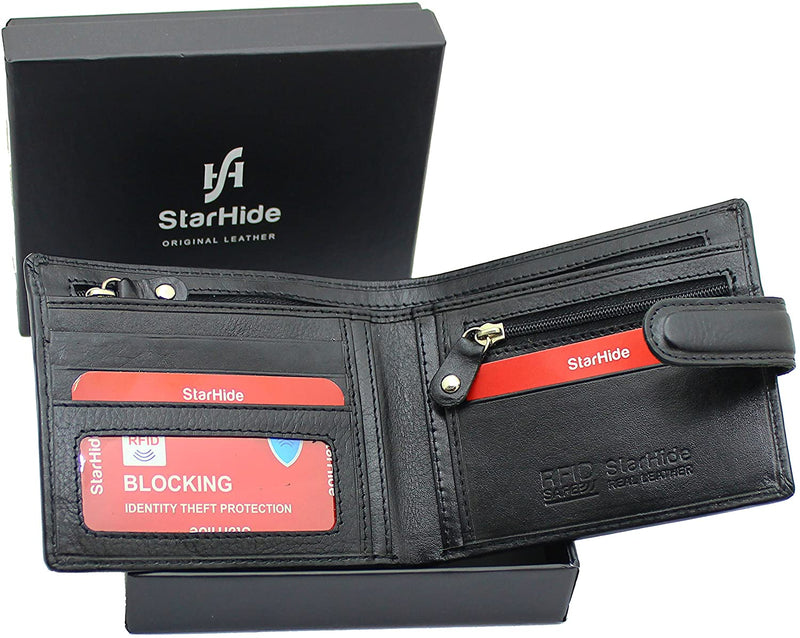 STARHIDE Mens RFID Blocking VT Leather Bifold Zip Coin Pocket Wallet 840 Black