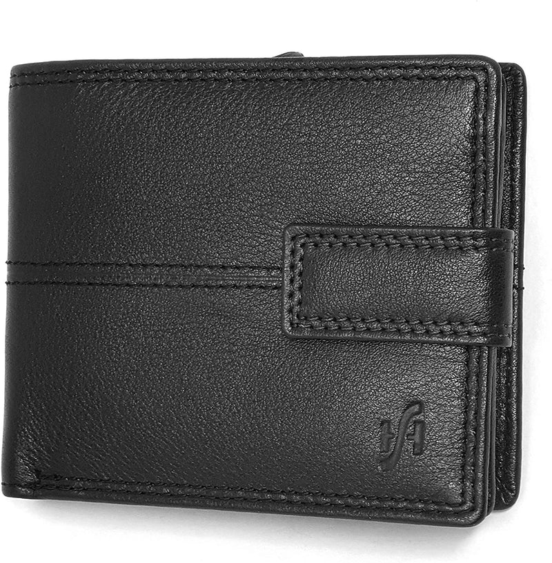 STARHIDE Mens RFID Blocking Nappa Leather Bifold Wallet with A Side Zipped Coin Pocket 1044 (Black)