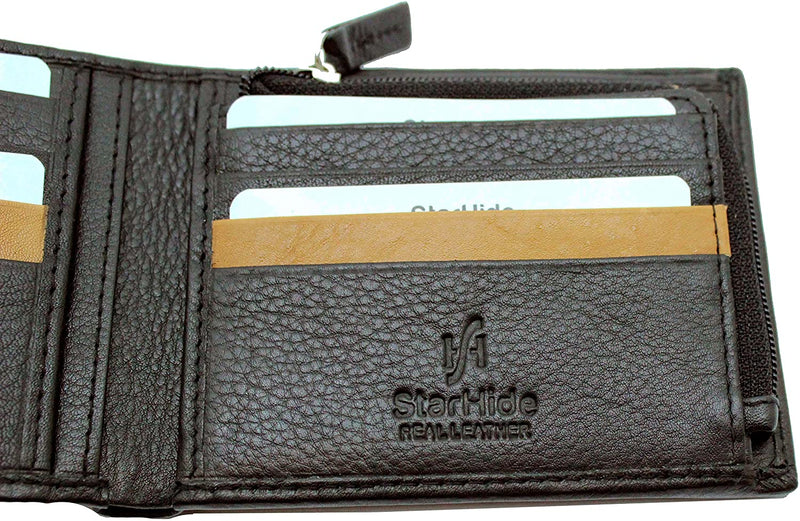 STARHIDE Mens RFID Blocking Soft Nappa Leather Zip Coin Pocket Bifold Wallet 110