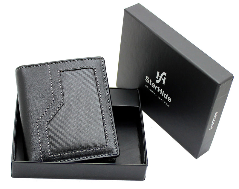 STARHIDE Mens Ultra Slim Genuine Leather with Carbon Fiber Wallet 1175 Black