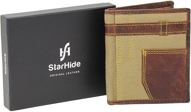 STARHIDE Mens RFID Blocking Unique Canvas With Genuine Distressed Hunter Leather Wallet 610 Brown